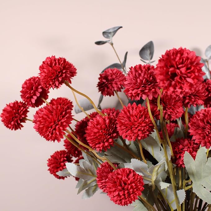 Burgundy Flowers, Maroon Artificial 10 Long Stems + Eucalyptus, Wine Colored Silk Flowers for Burgundy Decor, Fall Table Centerpieces, Dark Red Faux Mums, Thanksgiving Centerpieces For Tables-Ruum Studio Home