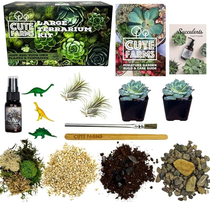 Cute Farms Terrarium Starter Kit | Moss, Vermiculite, Soil, Pebbles, Plant Food, Finishing Tools, Build and Care Guide | DIY Succulent Terrarium for Adults and Kids (Large + Live Plants)-Ruum Studio Home