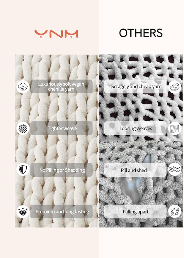 YnM Chunky Throw Blanket, Hand Knitted with Chenille Yarn, Skin Friendly, Ventilated and Breathable, Machine Washable, Home Décor Piece for Couch, Sofa and Bed (Butter Cream, 50x60 Inch)-Ruum Studio Home