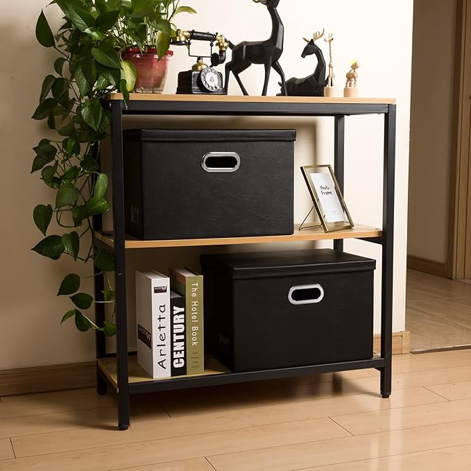 PRANDOM Large Stackable Storage Boxes with Lids [5-Pack] Leather Fabric Foldable Storage Bins Organizer Containers Baskets Cubes with Cover for Bedroom Closet Office Nursery Black(17.7x11.8x11.8)-Ruum Studio Home