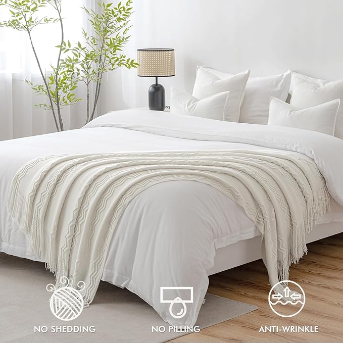 MIULEE Off White Knitted Throw Blanket for Couch Textured Knit Blanket with Tassels Cozy Woven Boho Bed Blanket for Sofa Bed Chair Acrylic Wave Pattern 50"x60"-Ruum Studio Home