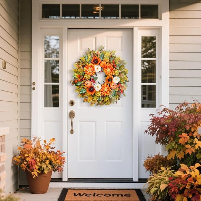 Fall Wreath for Front Door, 24 Inch Autumn Wreath with Pumpkins, Peony, Sunflowers & Dahlias, Fall Decorations for Home, Artificial Flowers Harvest and Thanksgiving Indoor & Outdoor-Ruum Studio Home