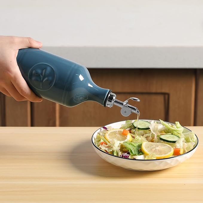 Sweejar 16 Oz Ceramic Olive Oil Dispenser Bottle, Oil Dispenser for Kitchen with Gravity Spout, Relief Opaque Vinegar Container for Evoo, Soy Sauce, 1 Pack(Fog Blue, Silver Spout)-Ruum Studio Home