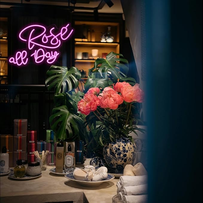 Rose All Day Neon Sign LED Pink Rose Neon Light For Wall Decor Dimmable USB Words Light Up Sign for Bedroom Wedding Party Atmosphere Decor Lovers Gift(12.2 * 16.1 In)-Ruum Studio Home