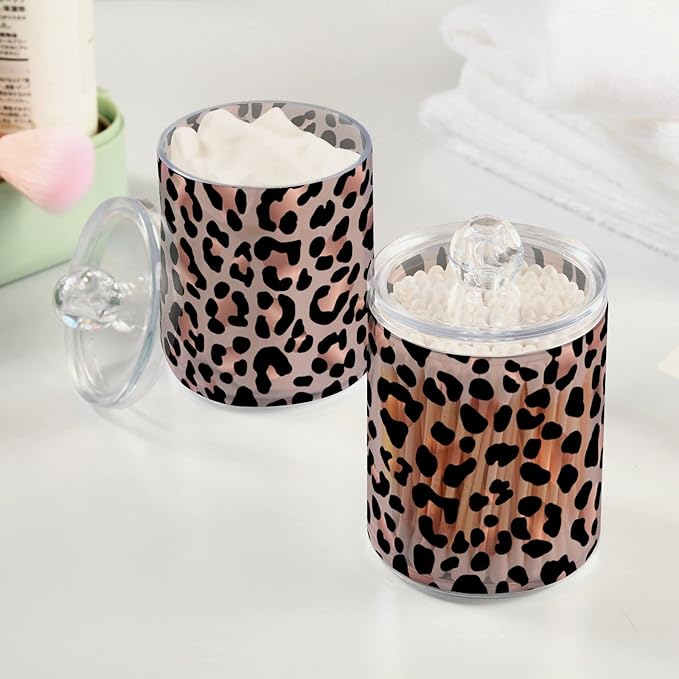 2 Pack Qtip Holder Dispenser Rose Gold Black Leopard Bathroom Storage Canister Lid Acrylic Plastic Apothecary Jar Set Vanity Makeup Organizer for Cotton Swab/Ball/Round Pads, Floss-Ruum Studio Home