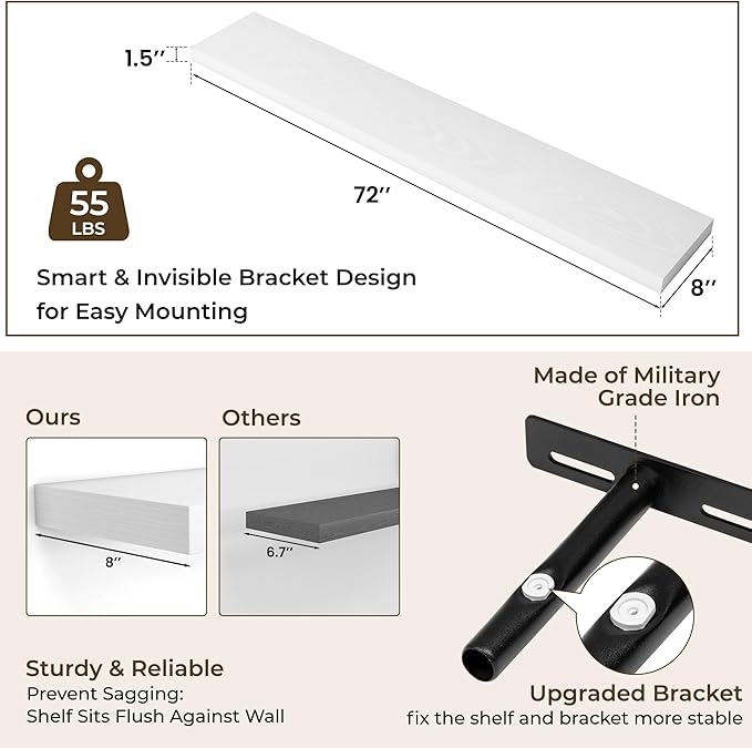 RICHFOCUS 72Inch Floating Shelves for Wall 1 Pack Shelves for Bedroom|Kitchen|Bathroom Wall Mounted Rustic Wood Floating Shelf with Invisible Brackets for Books|Storage|Decor, White-Ruum Studio Home