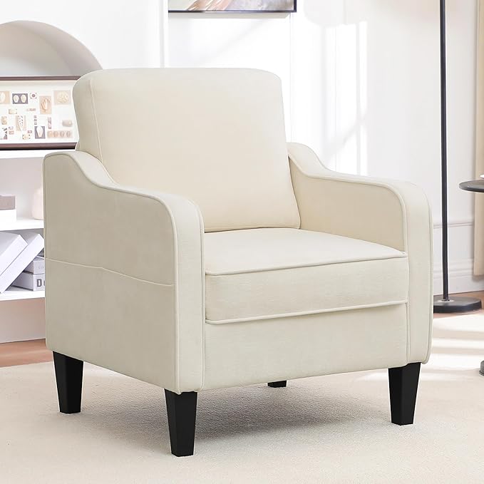 Accent Chair for Living Room, Mid Century Modern Reading Chair for Bedroom, Upholstered Armchair with Side Pockets, Comfy Single Sofa Side Chair for Office, Apartment, Small Room, Beige-Ruum Studio Home