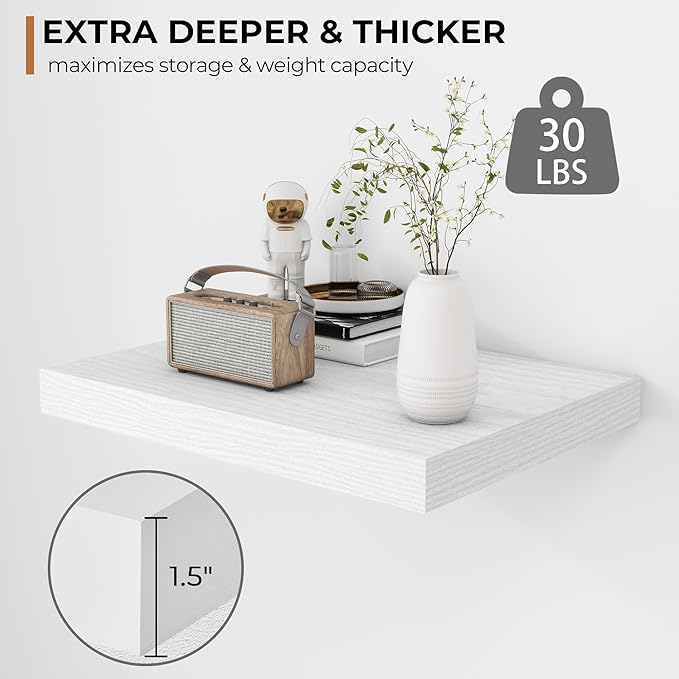 Fun Memories Floating Shelves - 2 Pack 12 Inch Deep Rustic Wooden Wall Shelves - Extra Deeper & Thicker Wall Mounted Storage Shelf for Living Room, Kitchen, Farmhouse - 16" W x 12" D x 1.5" H - White-Ruum Studio Home