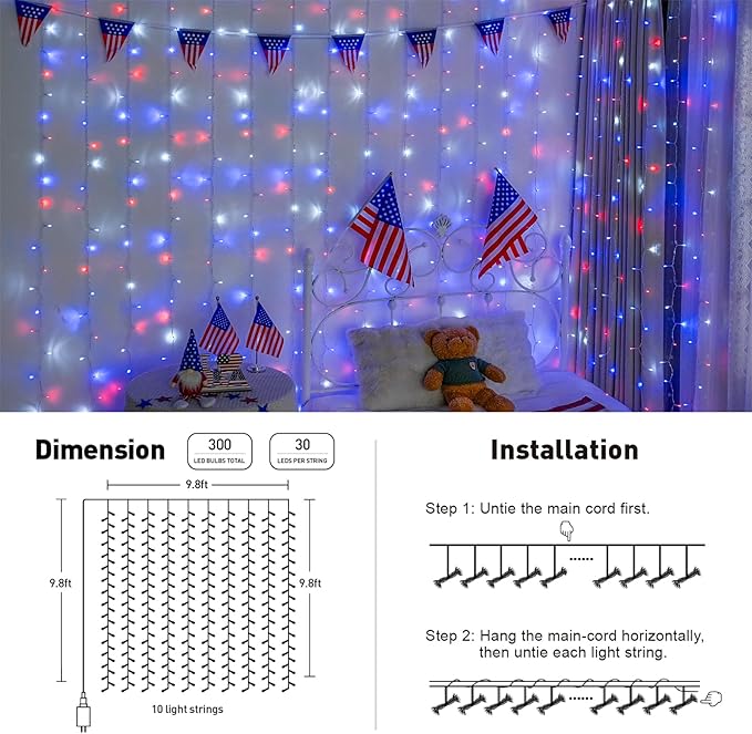 JMEXSUSS 300LED Red White and Blue Lights with Remote, 4th of July Lights Plug in, Patriots Curtain Hanging String Lights for Bedroom Wall Window Backdrop Indoor Outdoor 4th of July Decor, 9.8x9.8ft-Ruum Studio Home