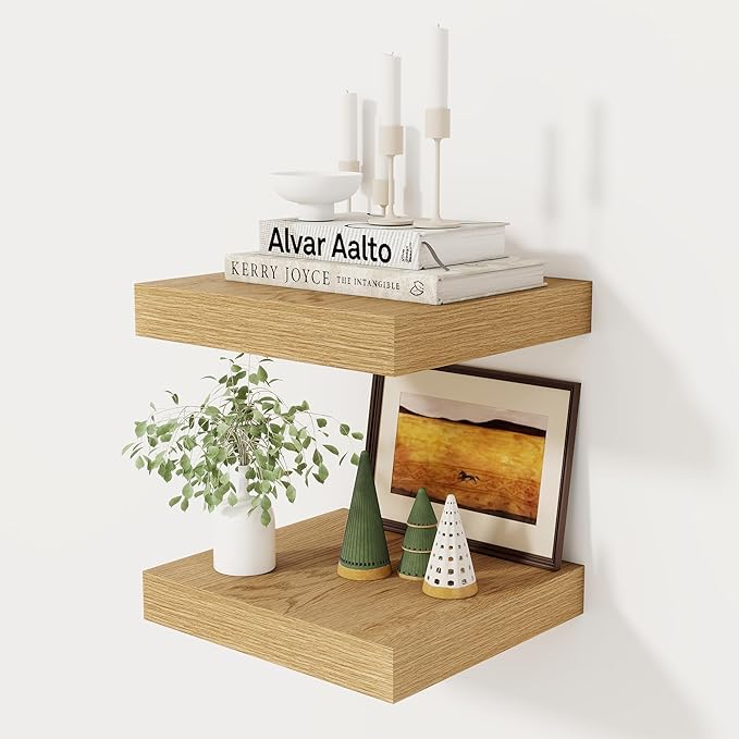 Fun Memories 12 Inch Floating Shelf, Rustic Wood Wall Shelves for Wall Decor & Storage, 12 x 12 Floating Shelf for Living Room, Bathroom, Bedroom, Oak, Set of 2-Ruum Studio Home