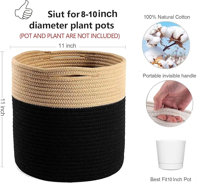 Woven Cotton Rope Plant Basket for 10" Flower Pot Floor Indoor Planters Flower Pot, Home Decor Storage Organizer H11 x W11 Black&Brown-Ruum Studio Home