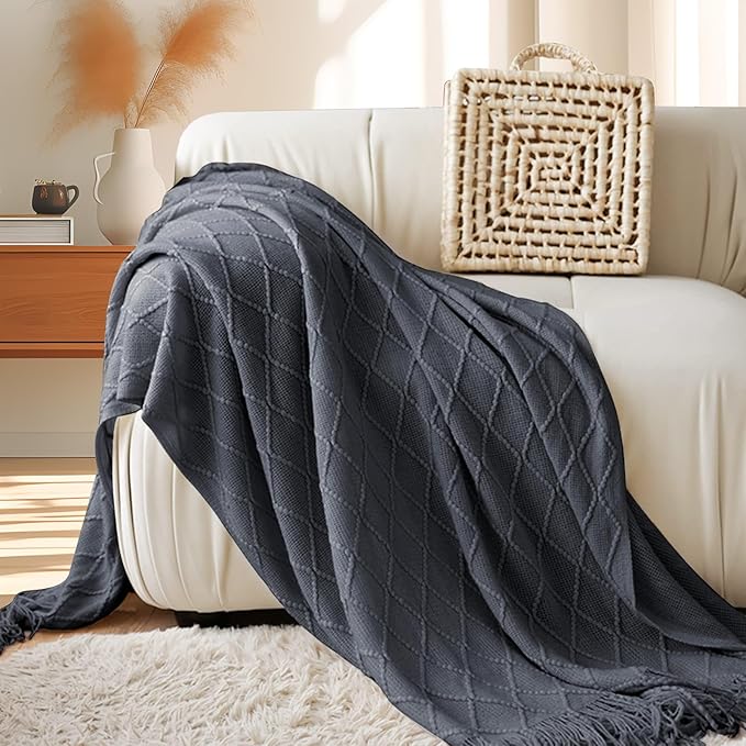 inhand Knit Graphite Grey Throw Blanket for Couch, Soft Living Room Home Decor Knitted Twin Size Blanket, Outdoor Lightweight Breathable Summer Blanket, Farmhouse Warm Woven Decorative, 60"x80"-Ruum Studio Home
