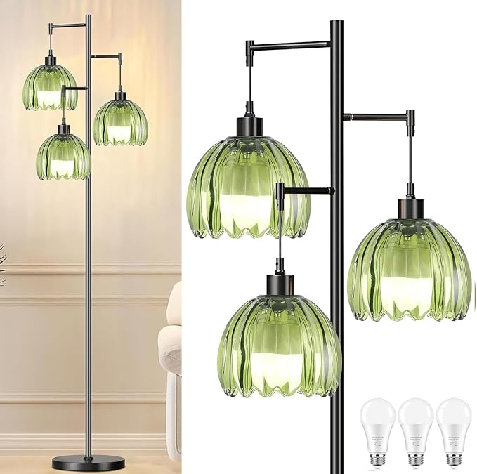 Glass Gold Floor Lamp for Living Room,Bedroom,Mid Century Modern Standing Lamp Brass Tree 3 Light Tall Floor Lamps Vintage Retro Floor Lights Green Flower Lamp Shade Farmhouse Boho Bohemian-Ruum Studio Home