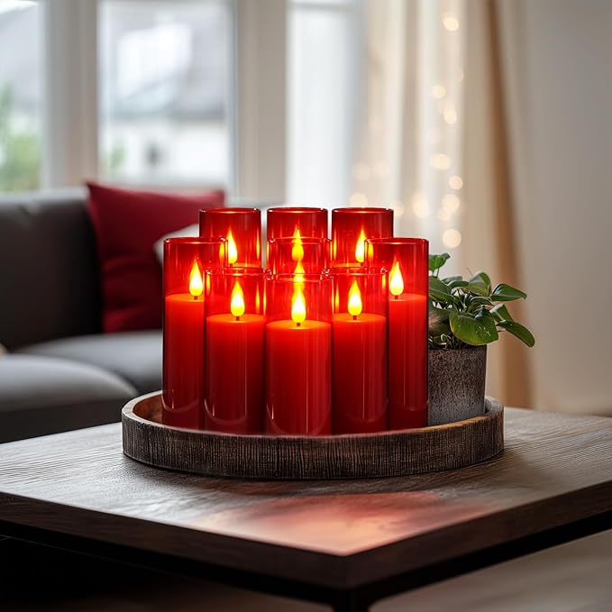 Amagic Christmas Red Flameless Candles, Battery Operated Candles with Remote and Timer, Acrylic Flickering LED Candles for Thanksgiving Decor, D2.2''xH5''6" 7", Set of 9-Ruum Studio Home