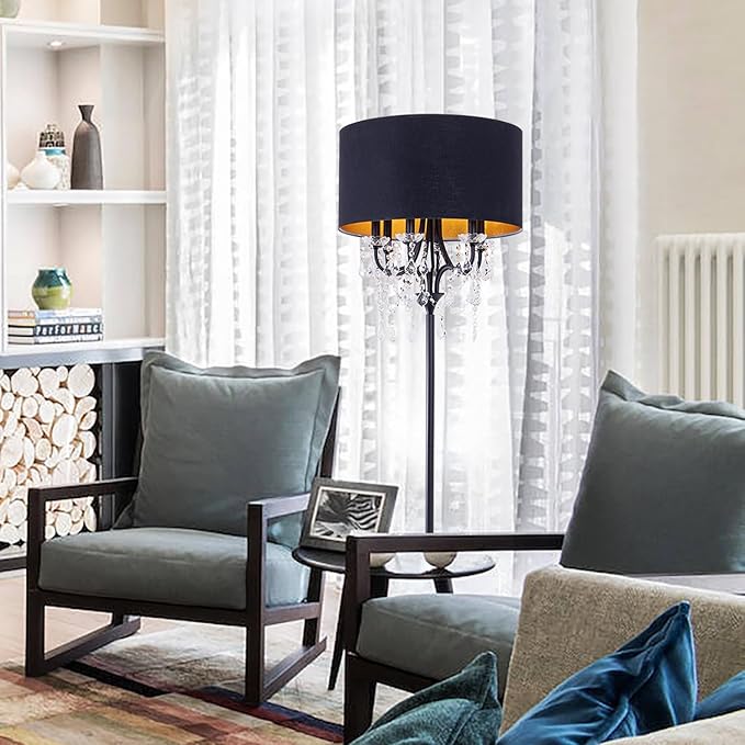 Wellmet Black Crystal Drum Shade Floor Lamp, 6 Light Black Gold Shade, Candle Base, for Living Room, Bedroom, Reading Room, Hallway, Corridor-Ruum Studio Home