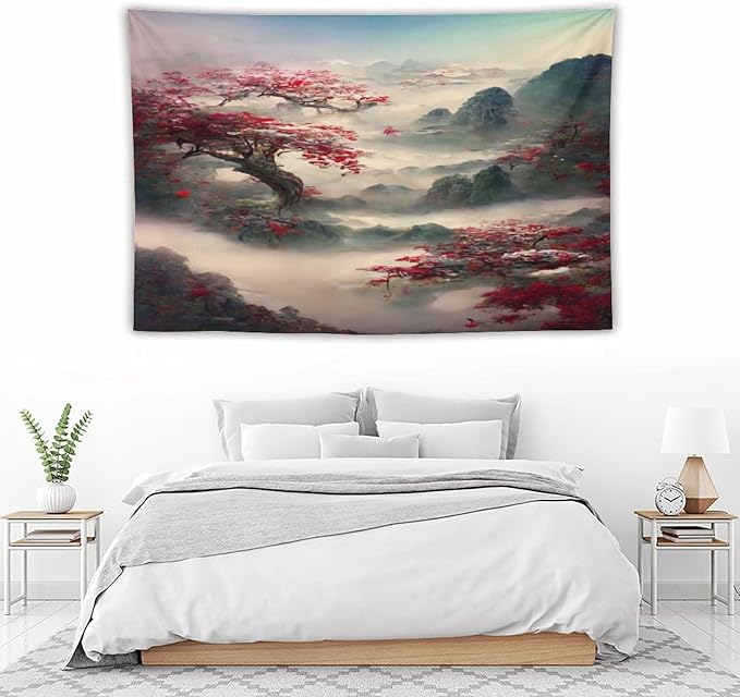 Japanese Tapestry, Red Plum Cherry Blossom Mountain, Asian Wall Art, Nature Landscape for Bedroom & Living Room Decor, 60"x40"-Ruum Studio Home