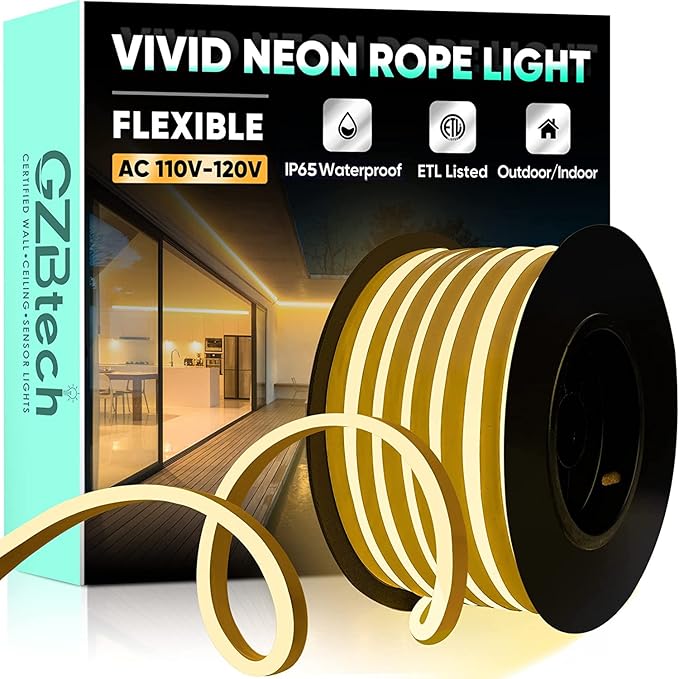 GZBtech Flexible LED Neon Rope Lights 33FT,AC 110-120V Waterproof Strip Light, 120 LEDs/M Cuttable Connectable Neon Lighting for Indoor Outdoor Home Decor/Commercial Building Use-Warm White 10M-Ruum Studio Home