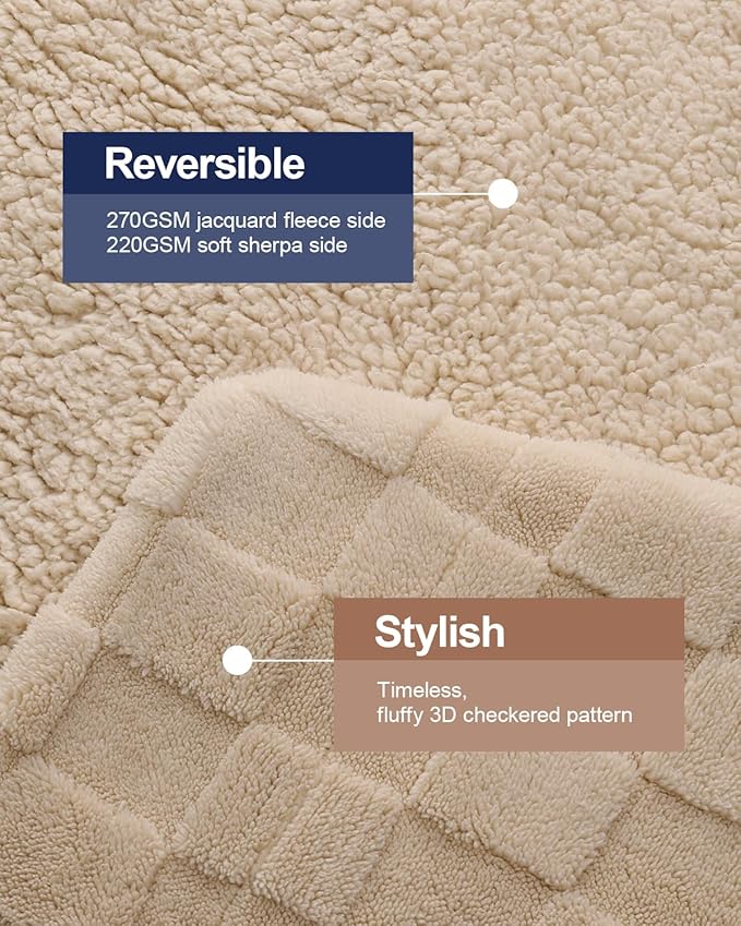 Pawque Super Soft Cozy Throw Blanket King Size for Couch Bed, Fluffy Sherpa Fleece Reversible Thick Warm Fuzzy Blanket for All-Season, 3D Checkered Jacquard Decorative Blankets, Khaki, 108"x90"-Ruum Studio Home