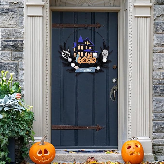 Lighted Halloween Wreaths for Front Door, Welcome Metal Wooden Door Wreath Decor Hanging Sign, 30 LED Lighted Wall Decor Battery Operated for Halloween Indoor Outdoor (Pumpkin)-Ruum Studio Home