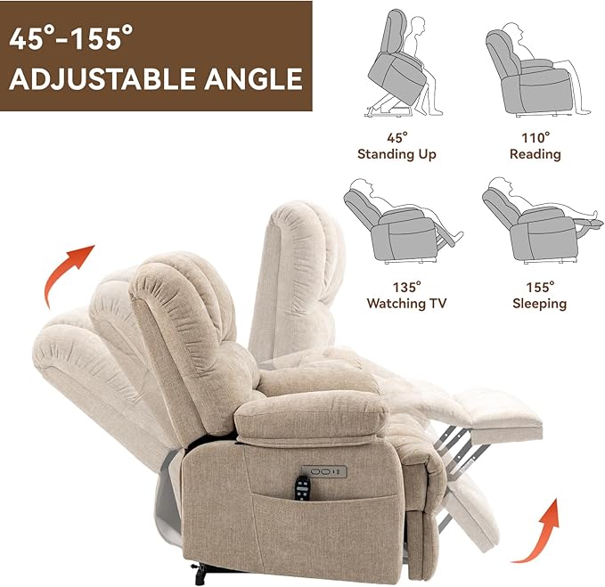 Large Power Lift Recliner Chair with Massage and Heat for Elderly, Ergonomic Backrest, Infinite Adjust, 2 Side Pockets,USB and Type-C Ports, Chenille Beige-Ruum Studio Home