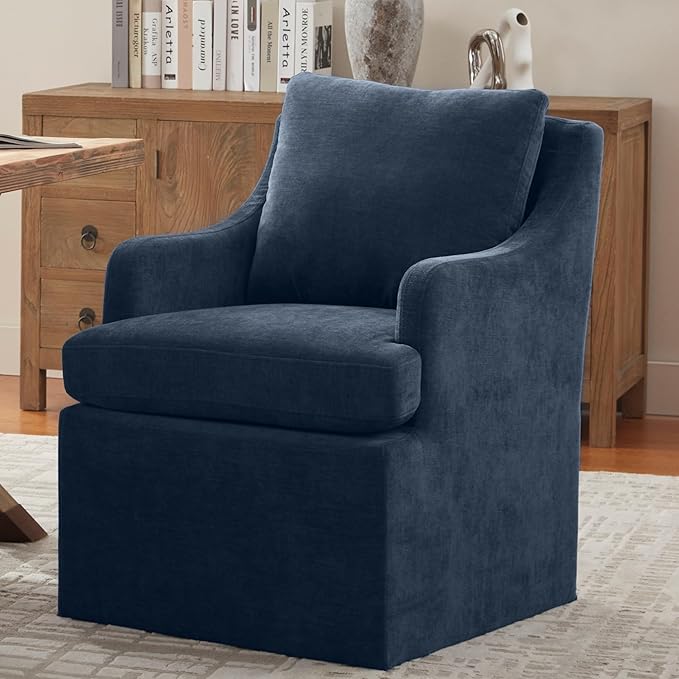 VKNOW Upholstered Dining Chairs Set of 2, Modern Kitchen Chairs Dinner Chairs with 4 Casters, Linen Armchair for Bedroom Reading Room Living Room, Navy-Ruum Studio Home