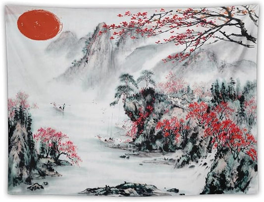 Cherry Blossoms Tapestry,Japanese Red Landscape Asian Watercolor Abstract Art Tapestry, Asian Japanese Wall Tapestry, Nature Landscape Tapestries for Bedroom Living Room Decor 90"x60"-Ruum Studio Home