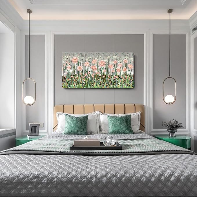 amatop Large Floral Wall Art Modern Abstract Flower Field Canvas Picture Botanical Artwork Rustic Wall Decor for Living Room Bedroom Pink Green Blooming Wildflower Forest Nature Art Print 48x24in-Ruum Studio Home