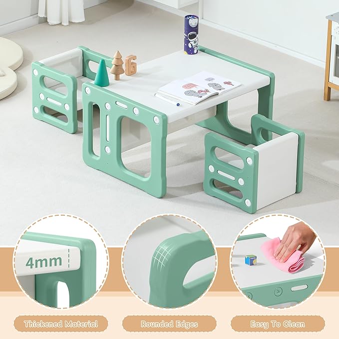 3 in 1 Montessori Weaning Table and 2 Chairs Set, Kids Activity Table Set, 2 Height Levels, Toddlers Activity Table for Drawing, Dining, Reading and Playing, Green-Ruum Studio Home