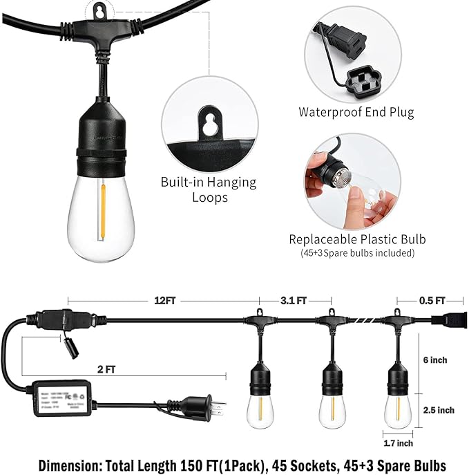 1-Pack 150 ft Outdoor String Lights with Remote Patio Lights Weatherproof, 45+3 Spare S14 Shatterproof Warm 2200K Bulbs, 3 Lighting Modes&Dimmable&Timer-Ruum Studio Home