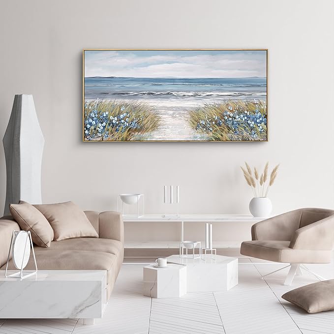 XLSJERST Framed Wall Art for Living Room Decor - Farmhouse Boho Beach Coastal Vintage Floral Ocean Wall Picture Flowers Sea Canvas Print Seascape Artwork for Home Living Room Bedroom Office 24x48-Ruum Studio Home