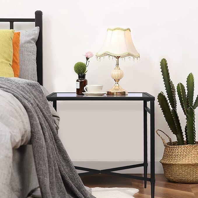 Black End Table, Rectangle Side Table with Mirrored Top, Modern Metal End Table, Small Narrow Side Table for Living Room, Balcony, 22" L x 12.4" W x 24" D-Ruum Studio Home