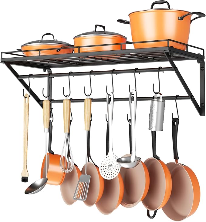 OROPY 31 Inch Wall Mounted Pot Rack Storage Shelf with 2 Tier Hanging Rails 14 S Hooks included, Ideal for Pans, Utensils, Cookware - Black-Ruum Studio Home
