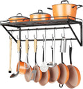 OROPY 31 Inch Wall Mounted Pot Rack Storage Shelf with 2 Tier Hanging Rails 14 S Hooks included, Ideal for Pans, Utensils, Cookware - Black-Ruum Studio Home