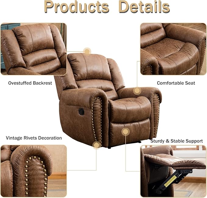 CANMOV Leather Recliner Chair Set of 2, Classic and Traditional Manual Recliner Chair with Comfortable Arms and Back,Manual Single Recliner Sofa for Living Room, Nut Brown-Ruum Studio Home