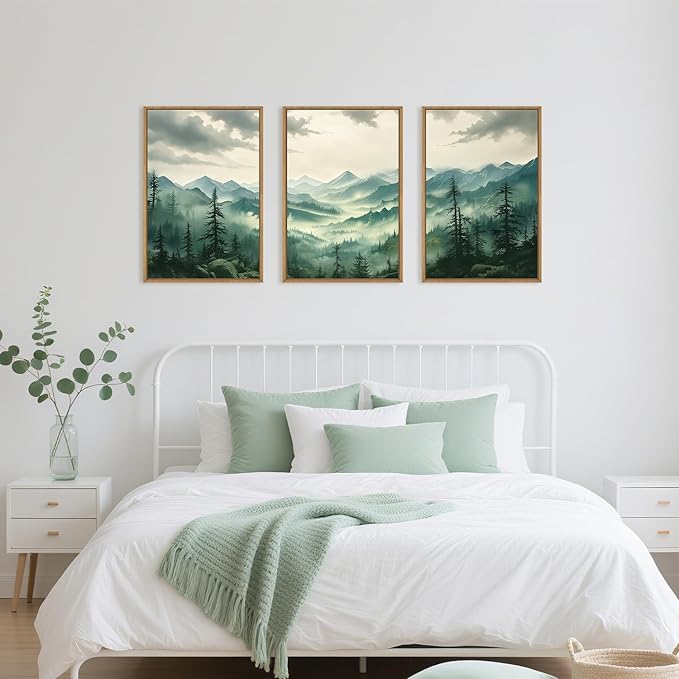 Green Foggy Mountain Framed Canvas Wall Art Set, Misty Forest Wall Decor, Watercolor Pine Tree Wall Painting, Large Nature Landscape Art Print for Living Room, Bedroom, Office - 16"X24"X3-Ruum Studio Home