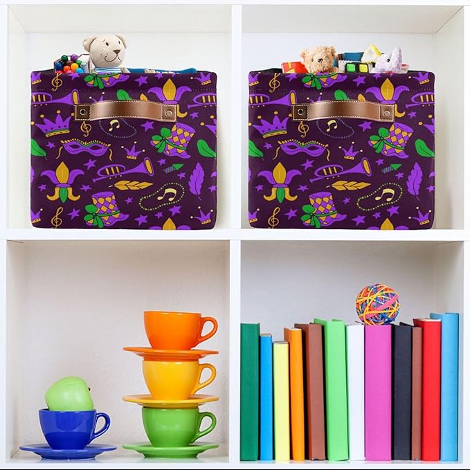 Mardi Gras Carnival Storage Basket Cube Storage Bins Organizer Bag Collapsible Closet Shelf Baskets with handle for Baby Cloth Pet Toy Book 14.2×10.2×8.3 IN-Ruum Studio Home