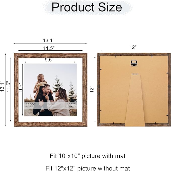 12x12 Picture Frame Set of 4, 12 x 12 Wood Photo Frames with Mat for 10x10 or 30x30cm Diamond Painting Art, Wooden Frame with Real Glass Cover for Wall and Tabletop Display,Rustic Brown-Ruum Studio Home