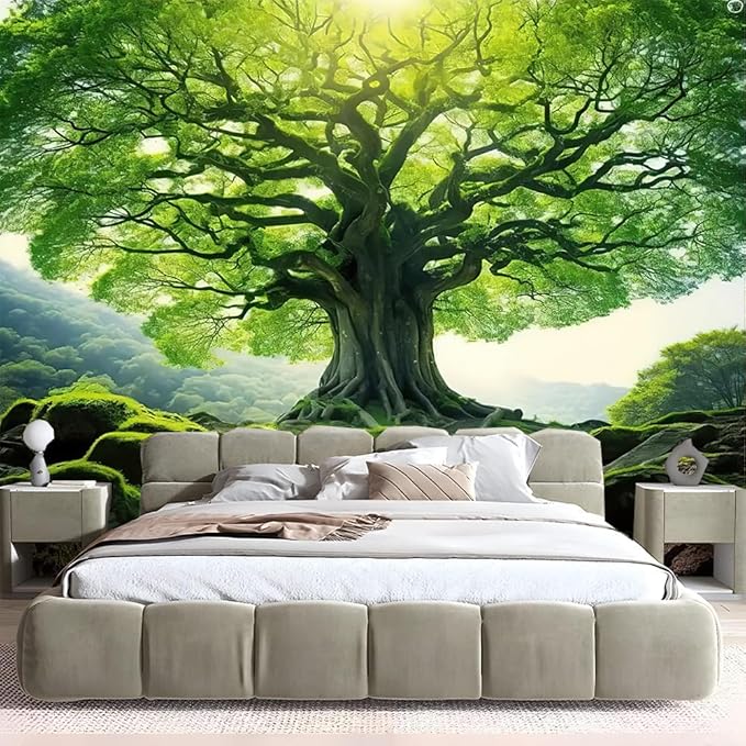 FENDROM Nature Green Big Tree Wall Tapestry Landscape Forest Mountains Sunshine Through Tree of life 3D Print Wall Art for Bedroom Living Room Dorm Decor-Ruum Studio Home