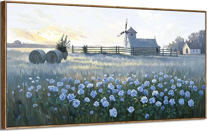amatop Extra Large Wall Art Bedroom – Framed Country Landscape Canvas Art Blue Floral Field Windmill Print with Natural Wood Frame Rustic Wildflower Picture Home Decor for Living Room Office 58x29 Inch-Ruum Studio Home