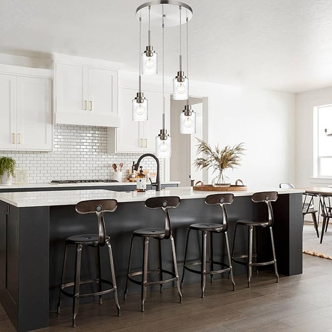 5 Light Farmhouse Pendant Lighting for Kitchen Island,Brushed Nickel Dining Room Cluster Pendant Light Fixtures Hanging Ceiling with Seeded Glass,Modern Pendant Light for Entrance Stairwell-Ruum Studio Home
