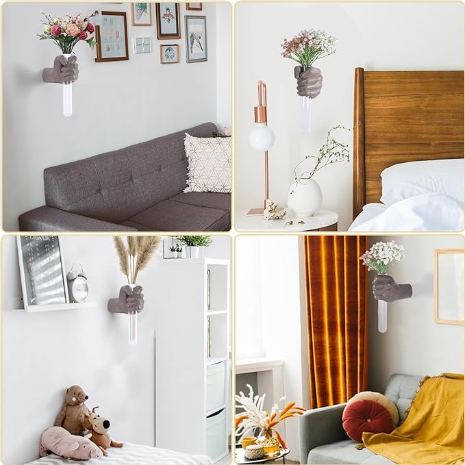 Wall Sculptures, Hand Vases Home Decor, Wall Mount Art Sculpture, Unique Wall Art Statue, Funky Flower Vase Decorations, Modern Eclectic Hanging Decor,Glass Test Tube Vase (Beige)-Ruum Studio Home