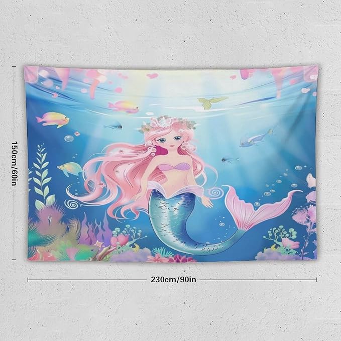 HZOHNAGO Mermaid Girls Tapestry Watercolor Mermaid Princess Pattern Printed Wall Tapestry Wall Hanging for Bedroom Living Room Dorm 90" W x 60" H-Ruum Studio Home