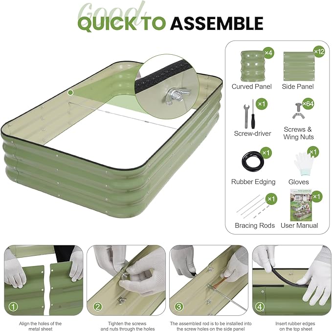 G GOOD GAIN 4-in-1 Adjustable Raised Garden Bed Kit | Galvanized Planter Boxes for Vegetables, Flowers | 12" Tall, Multiple Sizes (5x3x1ft, 4x4x1ft, 6x2x1ft, 7x1x1ft) | Outdoor Metal Raised Bed, Green-Ruum Studio Home