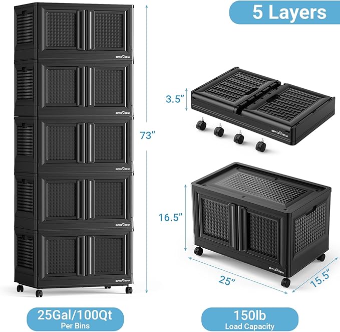 500Qt Stackable Storage Bins with Lids, 125Gal Closet Organizers and Storage Drawer, Plastic Collapsible Storage Bins with Doors, Heavy Duty Store Box Cabinet for Home Kitchen, 5Pack Black-Ruum Studio Home
