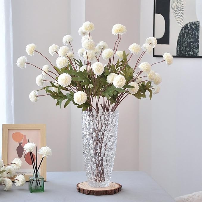 Faux White Kiku Flower, 10 Stems with 5 Heads Each & 4 Branches Eucalyptus Stems, Artificial Small Mini Chrysanthemum Flowers for Aesthetic Room Decor, Floral Arrangements Centerpiece-Ruum Studio Home