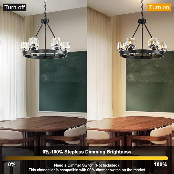 Black Wagon Wheel Chandelier, 24 Inch Black Chandeliers with Unique Glass Shade, 6-Light Crystal Farmhouse Wagon Wheel Chandeliers for Dining Room, Round Chandelier for Living Room, Foyer, Entryway-Ruum Studio Home