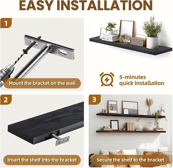 Floating Wall Shelves 2-Pack - 36-Inch Rustic Black Wooden Shelves for Storage and Décor, Easy Installation for Living Room, Bedroom, and Kitchen-Ruum Studio Home