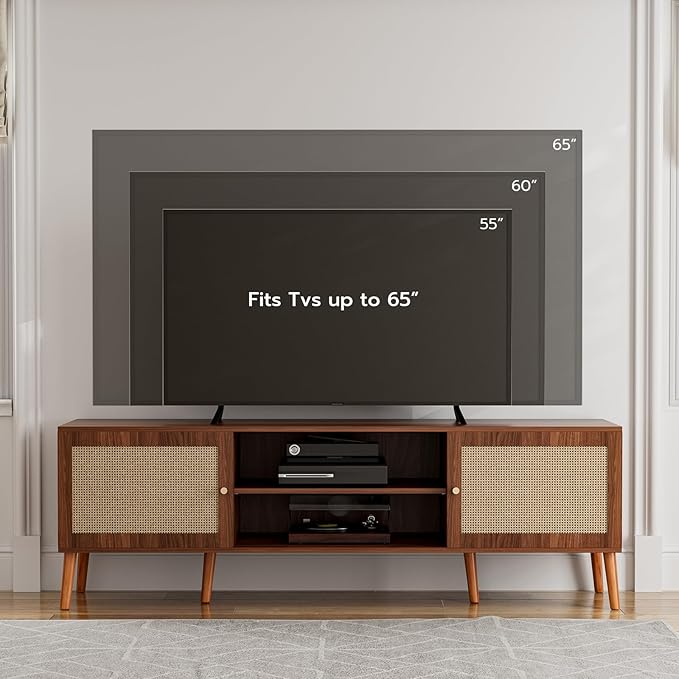 TV Stand for TVs up to 65'', Entertainment Center With Rattan Door, Shelves & 2 Cabinets, Long Boho Media Console for Living Room, Walnut-Ruum Studio Home