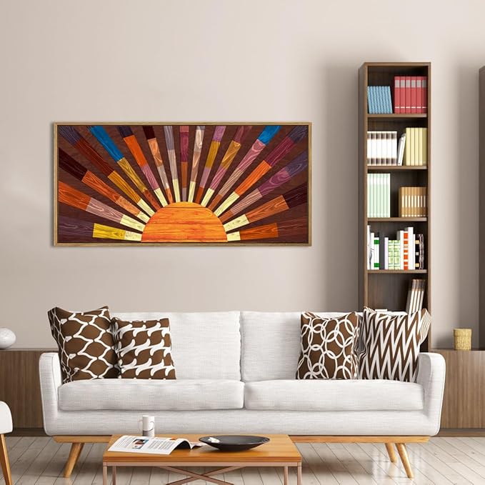 IARTTOP Extra Large Boho Sun Wood Wall Art for Living Room Wooden 3D Framed Abstract Sun Rising on the Horizon Geometric Wall Decor Mid century Sunshine Artwork Home Bedroom Office20 * 40 Inch-Ruum Studio Home