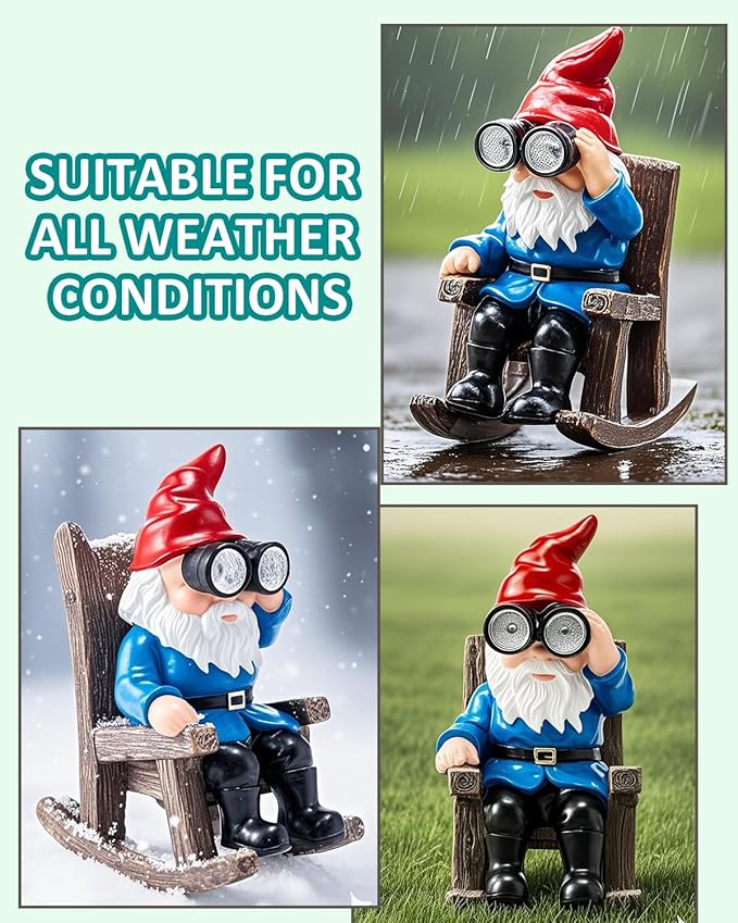 Solar Garden Gnome Statues Resin Gnome Figurines Sitting on Rocking Chair Outdoor Telescope Gnome Gifts for Yard, Patio Decor Gift-Ruum Studio Home